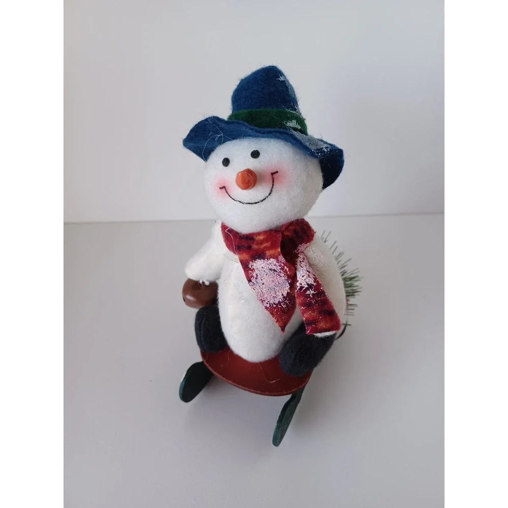 Vintage Snowman Holiday Seasonal Christmas On Sled Ornament Collectible